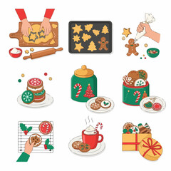 Festive Christmas cookies illustration set: baking, decorating, storing in jars, and enjoying holiday treats with cocoa.