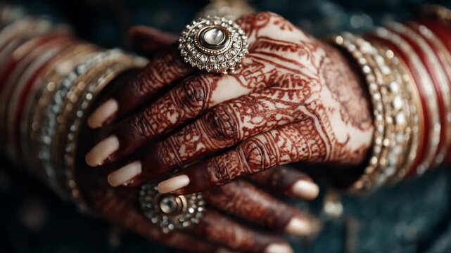 Close up of hands with henna jewelry and intricate patterns
