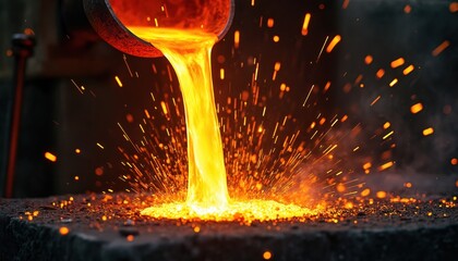 Molten metal stream pours from crucible. Fiery sparks shower around glowing liquid. Industrial casting process with hot material in foundry.