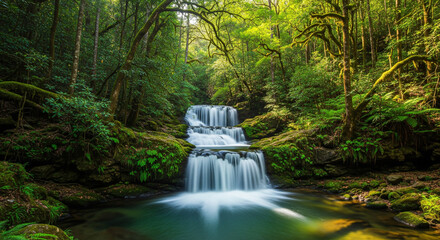 waterfall forest, lush greenery, long exposure water, rocky stream, vivid nature, scenic waterfall, outdoor landscape, natural beauty, forest creek, green tones, peaceful nature, flowing water, high d