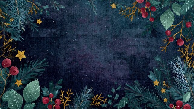 Moody Christmas background with mistletoe, holly berries and gold stars in navy, green and red palette, central copy space for festive banners, gift packaging and branding.