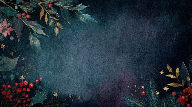 Moody Christmas background with mistletoe, holly berries and gold stars in navy, green and red palette, central copy space for festive banners, gift packaging and branding.