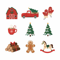 Fototapeta premium Rustic Christmas Clip Art Bundle with Vintage Truck, Barn, Gingerbread Man, Hot Cocoa, Mittens, and Festive Tree Illustrations.
