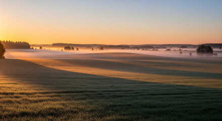 morning fog, sunrise field, misty landscape, rural scenery, orange glow, nature calm, atmospheric light, open field, serene environment, countryside view, soft lighting, outdoor morning, scenic nature