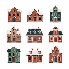 Collection of nine cozy European houses and townhomes covered in snow, featuring Christmas wreaths and holiday lights on a white background.