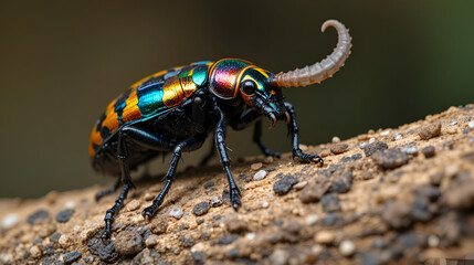 Close up of a colorful longhorn beetle exploring a rough tree branch, showcasing its intricate details and vibrant patterns