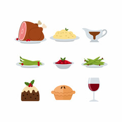 Traditional Holiday Dinner Icons Set: Roasted Ham, Mashed Potatoes, Cranberry Sauce, Vegetables, Pie, Pudding, and Wine.