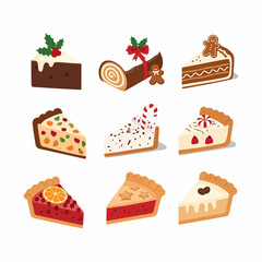 Festive Christmas Desserts Collection: Vector illustration featuring slices of holiday cakes, fruitcake, Yule log, gingerbread pie, and creamy sweets.