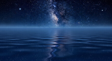 night sea, stars, cosmic sky, calm water, reflective surface, serene landscape, night horizon, dark blue tones, peaceful atmosphere, star field, gentle ripples, fantasy night, celestial view, deep sky