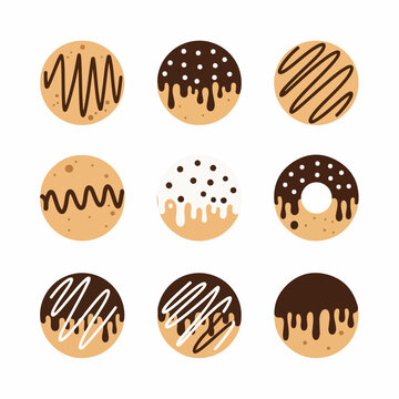 Nine stylized round dessert icons featuring chocolate and vanilla glaze, drizzles, and sprinkles, isolated on a white background.