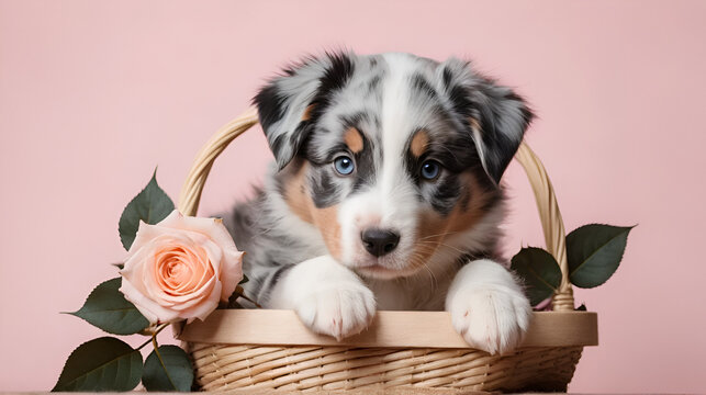 Studio portrait on newborn blue merle australian shepherd puppy dog laying with his paw near nose in basket with beige leaves branch on pink rose ash color background