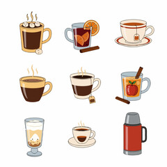 A collection of various hot winter and autumn beverages, including coffee, cocoa, tea, mulled wine, and cider, presented in a delightful illustration style.