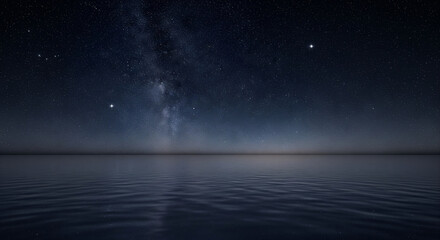 night sea, stars, cosmic sky, calm water, reflective surface, serene landscape, night horizon, dark blue tones, peaceful atmosphere, star field, gentle ripples, fantasy night, celestial view, deep sky