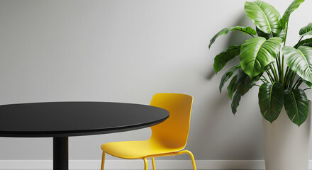 workspace interior, yellow chair, black table, tropical plant, modern office, bold colors, minimal style, interior decor, green leaves, plant background, clean design, contemporary workspace, studio l