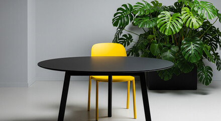 workspace interior, yellow chair, black table, tropical plant, modern office, bold colors, minimal style, interior decor, green leaves, plant background, clean design, contemporary workspace, studio l