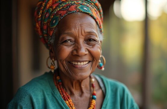 Smiling elderly black woman wears vibrant headwrap, colorful beaded necklaces. Face shows happy wrinkles, wisdom, life experience. Older African lady radiates warmth, joy, positive spirit. Looks