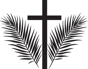 Black cross with symmetrical palm fronds symbolizing Christian faith, Palm Sunday, and sacred observance