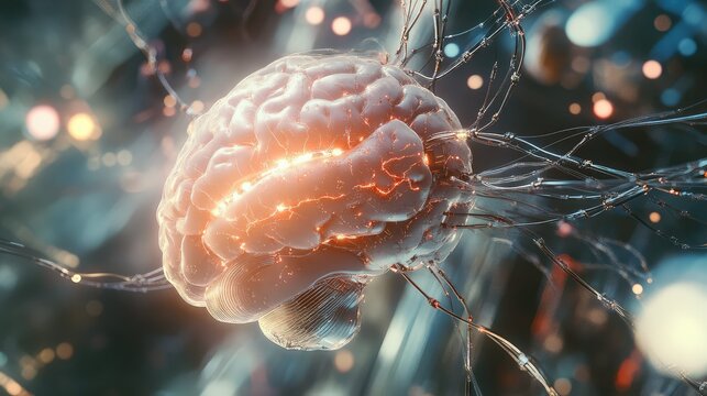 Human brain connected to futuristic neural network