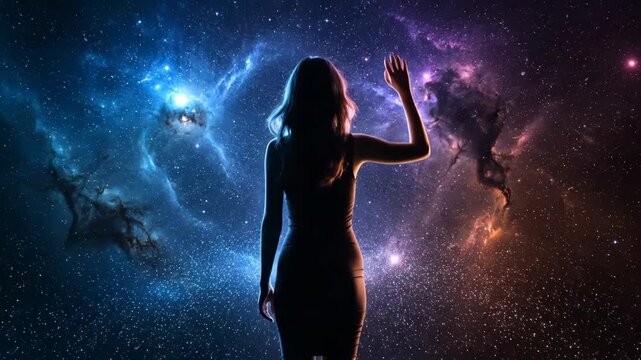 A silhouette of a woman gazing at a vibrant cosmic scene.