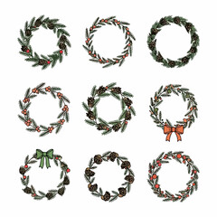 A collection of nine rustic hand-drawn Christmas and Winter wreaths featuring evergreen branches, pine cones, and berries, isolated on white.
