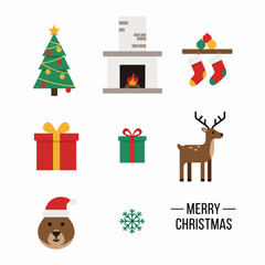 Minimalist flat design Christmas elements set: tree, gifts, fireplace, reindeer, stockings, and festive greeting on white background.