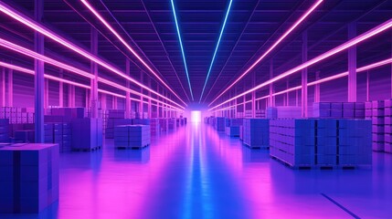 Futuristic warehouse interior storing boxes with neon lights