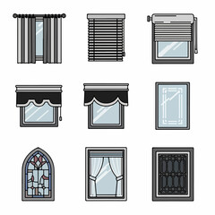 Collection of different window treatments and types: curtains, blinds, roller shades, valances, stained glass, and decorative window designs in flat outline style.
