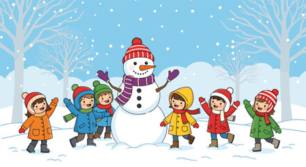 Cartoon winter scene with children playing around snowman, snowy landscape, colorful outfits, joyful outdoor activity on cold festive day