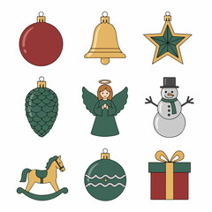 Classic set of Christmas and winter holiday icons including ornaments, an angel, a snowman, a bell, and a gift box in flat vector style.