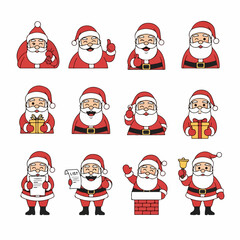 Cute Cartoon Santa Claus Character Set: A collection of 12 illustrations featuring various actions, expressions, and holiday poses like holding gifts and reading lists.