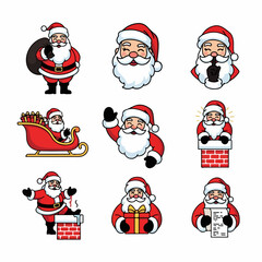 Cute cartoon Santa Claus icon set in various poses: with gifts, sleigh, chimney, and checklist, perfect for Christmas design.