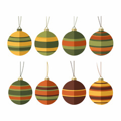 Collection of eight striped Christmas ornaments in earthy and retro colors, flat design vector isolated on white background for holiday decoration.