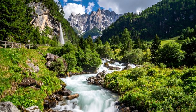 A rushing river flows through lush green valley towards snow-capped mountains
