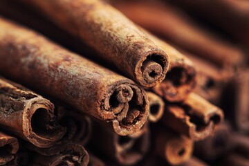 Warmly Lit Macro of Rustic Cinnamon Quills Revealing Rich, Aromatic Textures.