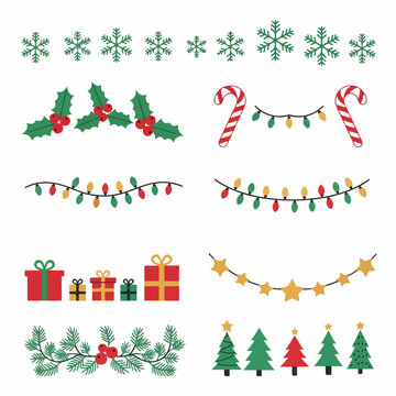 Festive Christmas and Winter Holiday Vector Element Collection: Snowflakes, Holly, Gifts, Trees, and String Lights Dividers.