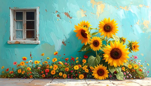 A vibrant composition featuring sunflowers and wildflowers against a weathered, turquoise wall with a small window
