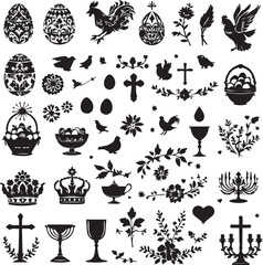 Set of black silhouette icons for Easter and faith including eggs, crosses, chalice, crown, and birds