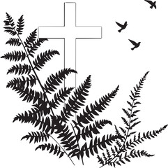 Black silhouette of fern leaves with white cross and flying birds symbolizing faith, peace, and remembrance