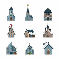 A set of cartoon Christmas and winter churches, chapels, and festive village buildings with snow and holiday decorations, isolated vector illustration.