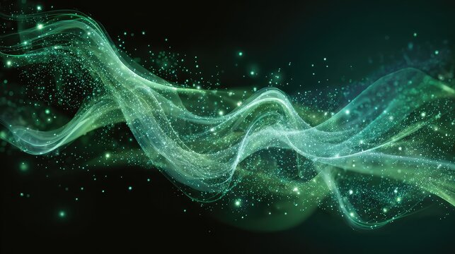 Abstract green glowing wave particles streaming background