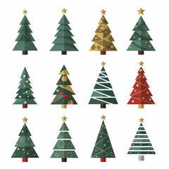 Collection of twelve stylized Christmas trees in flat design, featuring various modern decorations, geometric shapes, and festive colors, isolated on white.