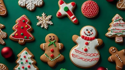 Obraz premium Assorted Christmas gingerbread cookies with colorful icing on green festive background