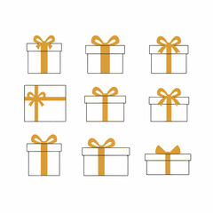 Nine vector illustrations of minimalistic white gift boxes with golden bows for holiday, celebration, and event design.