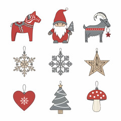 Scandinavian Christmas Ornaments Set featuring Dala Horse, Tomte Gnome, Yule Goat, Snowflakes, Star, Heart, and Mushroom in Traditional Nordic Style.