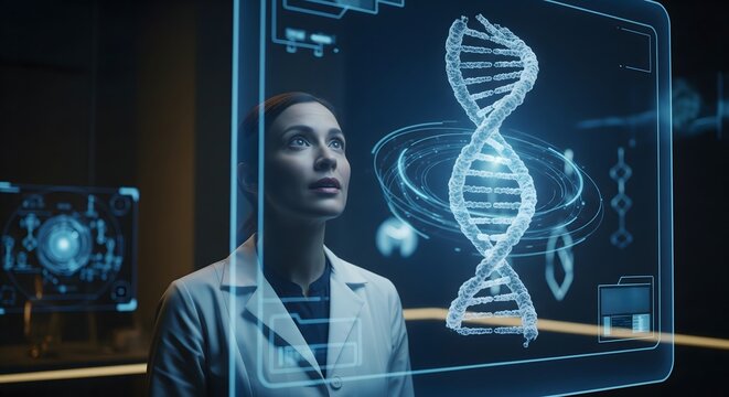 Scientist Analyzing DNA Hologram on Futuristic Display