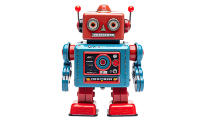 Red, blue, toy robot with boxy head and body against black