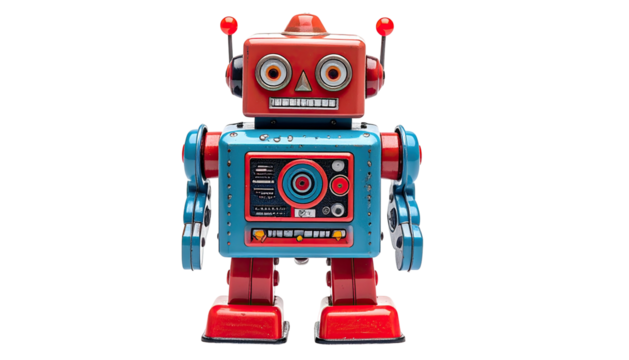 Red, blue, toy robot with boxy head and body against black
