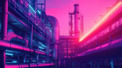 Neon industrial factory structure with futuristic cyberpunk lighting