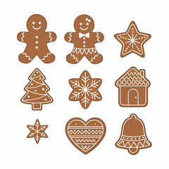 Christmas gingerbread cookie set illustration including gingerbread men, tree, snowflake, house, heart, and star shapes isolated on white.