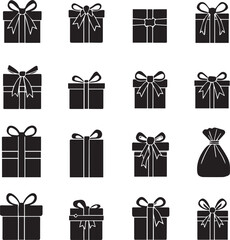 Set of 16 black line icons of gift boxes and bags with varied ribbon, bow, and packaging styles
